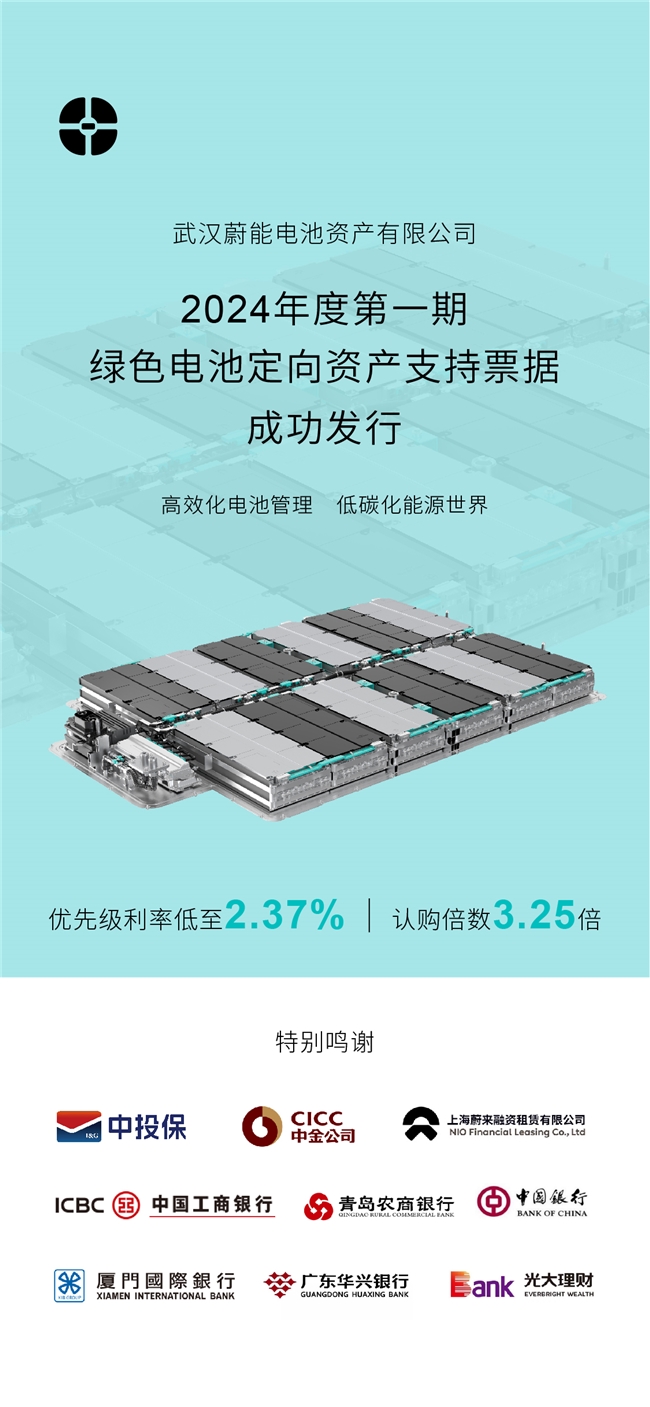 蔚能发行2024年度第一期绿色电池定向资产ABN，系第二次ABN发行