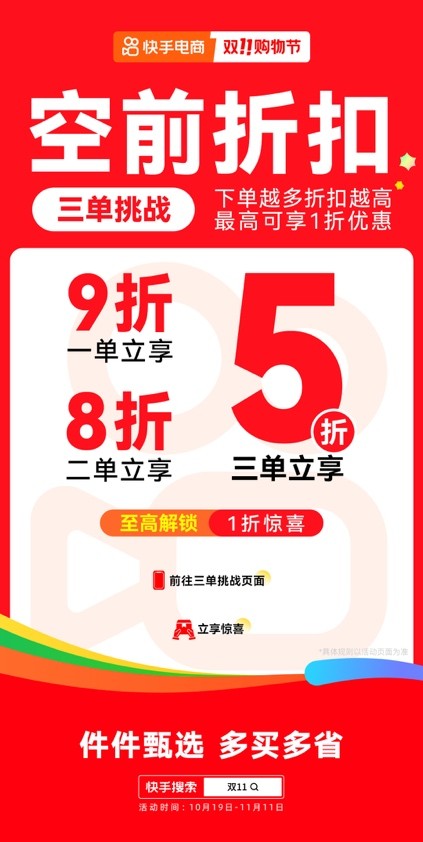 10月19日快手双11购物节正式开启，大牌大补、抽免单等多重玩法让用户多买多省