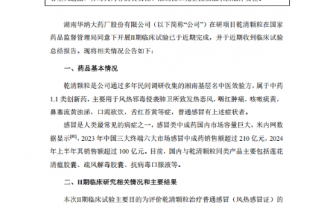 华纳药厂中药创新药乾清颗粒顺利完成Ⅱ期临床试验